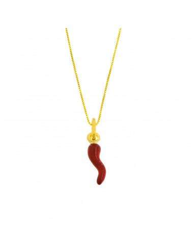 Collana veneziana con corno smaltato rosso 13x4  pendente in argento 925 placcato oro giallo