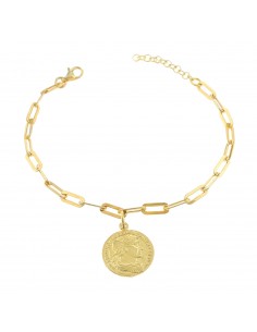 Bracciale maglia rettangolare con moneta pendente in argento 925 placcato oro giallo