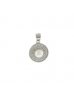 Ciondolo tondo con zirconi bianchi e perla centrale in argento 925