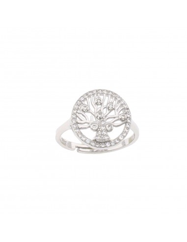 Anello a scudo tondo con albero della vita semi zirconato in argento 925 placcato oro bianco