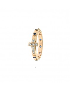 Anello rosario con pietre blu e croce in zirconi bianchi in argento 925 placcato oro rosa